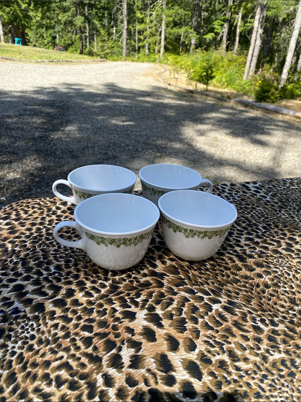 Vintage Corelle White Teacup Set with Green Floral Border - 4-Piece